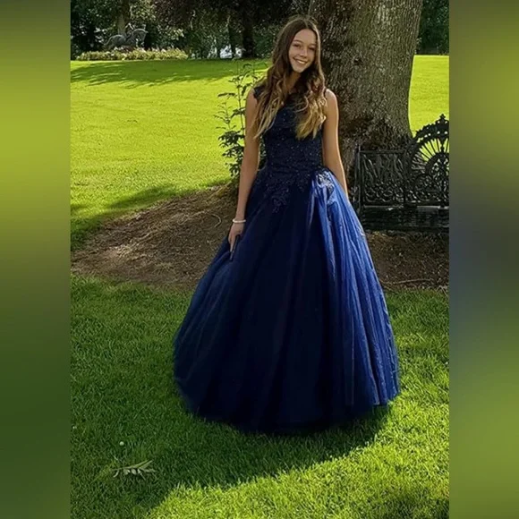 Women Tulle Prom Dress Long Appliques Beaded Quinceanera Dress Formal Ball Gown - Picture 4 of 10